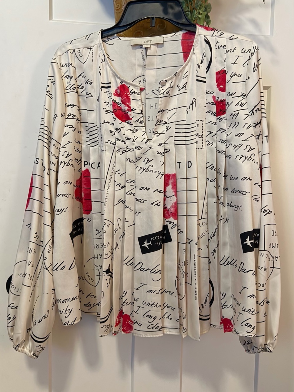 LOFT Cream Script Print Blouse with Red Accents